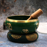 Tibetan Singing Bowl Set - Brass - Om/Tree Of Life - Green - 14cm