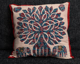 Cushion Cover - 100 % Cotton - Cream/Blue/Red - Tree Of Life/Elephants - MysticSoul_108