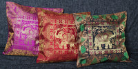 Cushion Cover - 100% Banarasi Silk - Black/Gold/Red - Elephants/Peacocks/Birds - MysticSoul_108