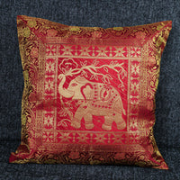 Cushion Cover - 100% Banarasi Silk - Red/Gold - Elephant - MysticSoul_108