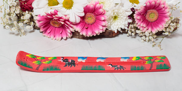 Hand Painted Incense Holder - Mango Wood - Red - Elephants/Trees