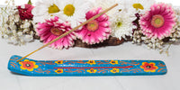 Hand Painted Incense Holder - Mango Wood - Blue - Flowers