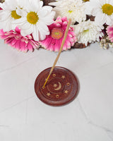 Handmade Wooden Incense Holder - Crescent Moon & Stars - Round