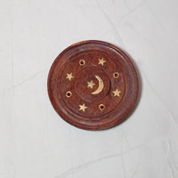Handgefertigter Räucherstäbchenhalter aus Holz – Halbmond und Sterne – rund