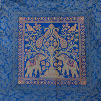Kissenbezug – 100 % Banarasi-Seide – Blau/Gold/Rot – Elefanten/Pfauen/Vögel