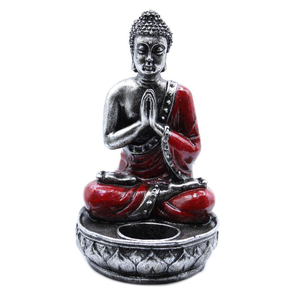 Hand Crafted Buddha Candle Holder - Medium Grey - Red 