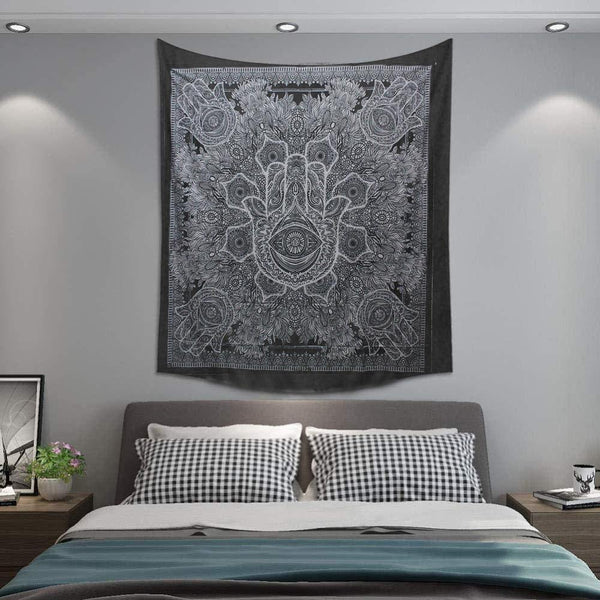 Double Cotton Bedspread/Wall Hanging - Black & White - Hamsa Hand - MysticSoul_108