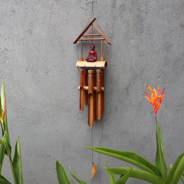 Carillons éoliens en Bambou Fabriqués à la Main - Finition Naturelle - 6 Tubes - Bouddha Marron