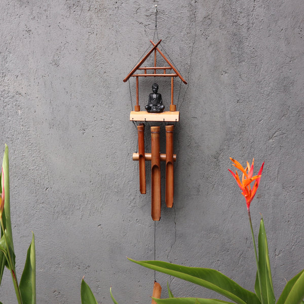 Handcrafted Bamboo Wind Chimes - Natural Finish - 6 Tubes - Black Buddha