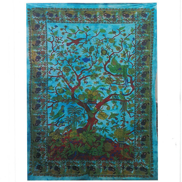 Handbedruckter Wandbehang aus Baumwolle – Baum des Lebens – Blau