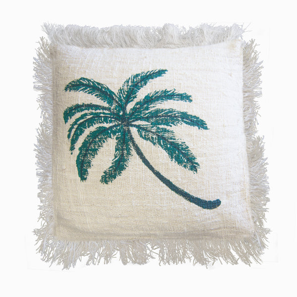 Linen Fringed Cushion Cover - Palm Tree - 45cm x 45cm