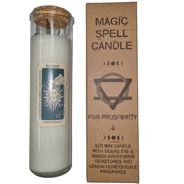 Magic Spell Candle - Prosperity - Lemon Honeysuckle - Tigers Eye & Green Aventurine