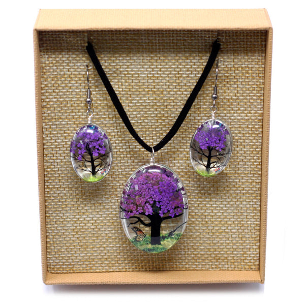 Gepresster Blumenschmuck – Baum des Lebens – Set aus Halskette und Ohrringen – Lavendel