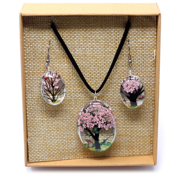Bijoux en fleurs pressées - Arbre de vie - Ensemble collier et boucles d'oreilles - Rose