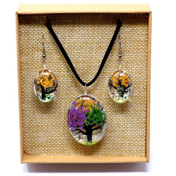 Gepresster Blumenschmuck – Baum des Lebens – Set aus Halskette und Ohrringen – mehrfarbig
