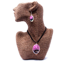 Bijoux en fleurs pressées - Arbre de vie - Ensemble collier et boucles d'oreilles - Rose vif