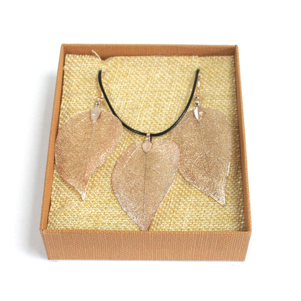 Real Leaf Jewellery - Necklace & Earring Set - Pink Gold