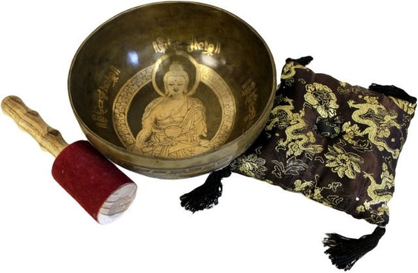 Tibetische Klangschalen - Goldener Buddha - Groß - Messing - Set