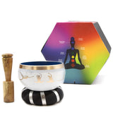 Tibetan Singing Bowl Set - Brass - Yoga Poses - White/Blue - 10.7cm