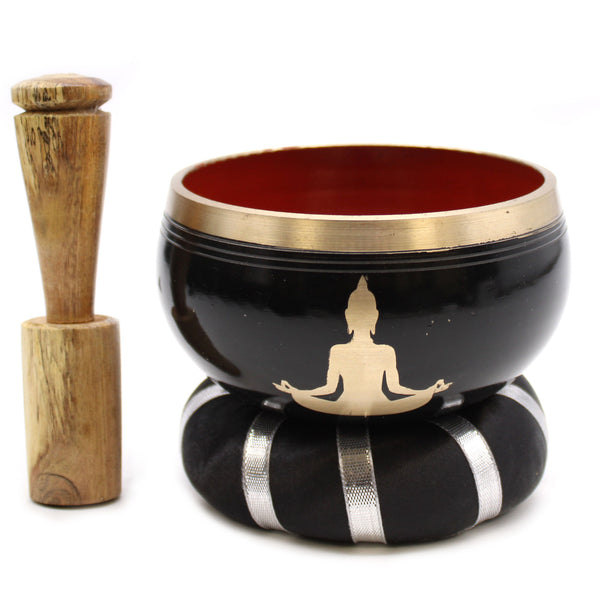 Tibetan Singing Bowl Set - Brass - Buddha - Orange & Gold - 10.7cm