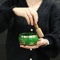 Tibetan Singing Bowl Set - Brass - Buddha - Orange & Gold - 10.7cm
