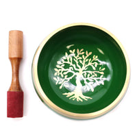 Tibetisches Klangschalen-Set – Messing – Om/Baum des Lebens – Grün – 14 cm