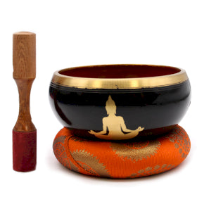 Tibetan Singing Bowl Set - Brass - Buddha - Orange & Gold - 14cm